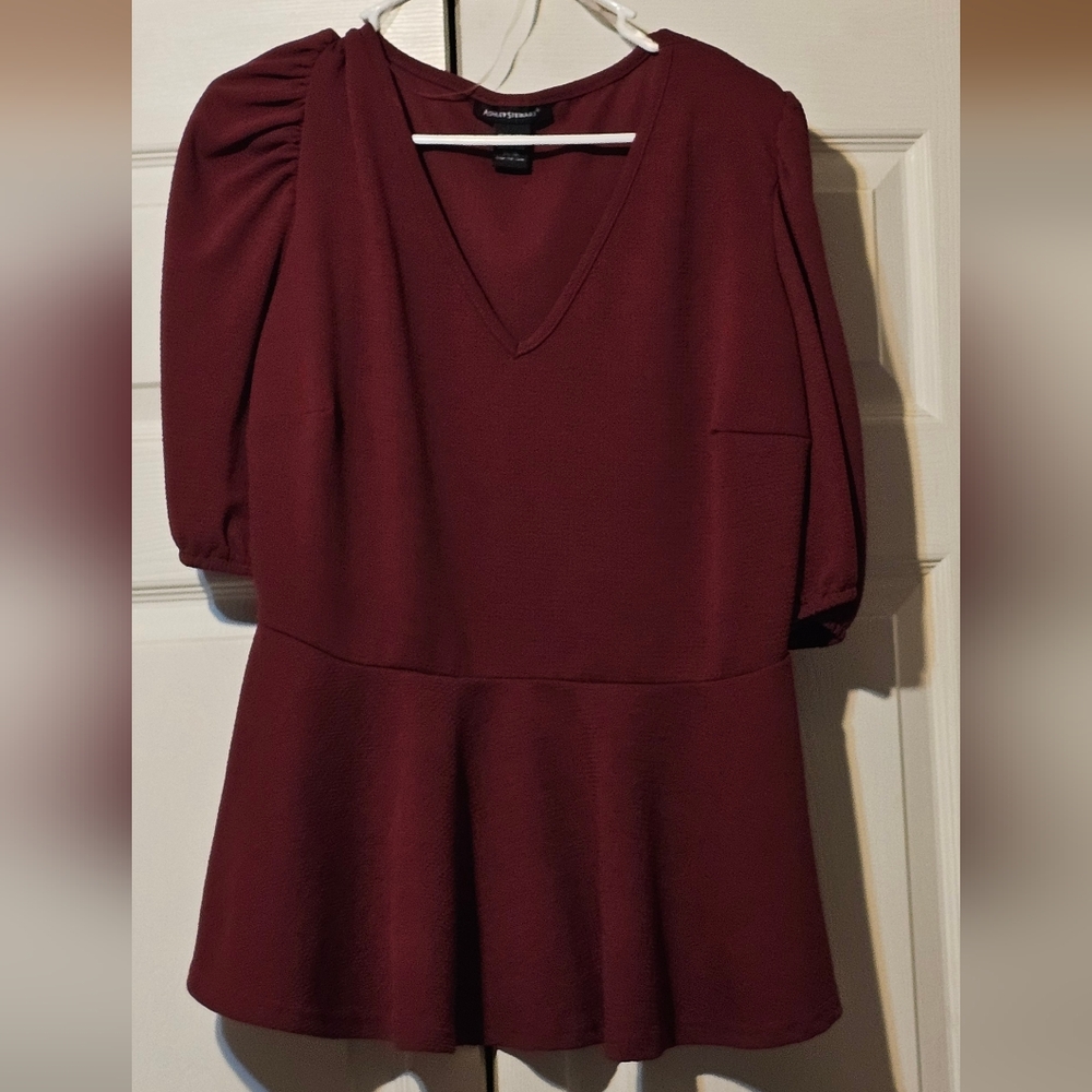 Ashley Stewart Quarter Sleeve Peplum Top -Wine Size 14/16